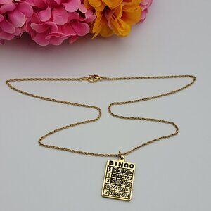 Vintage JJI Gold Plated Bingo Card Pendant Necklace W/ Tiny Diamond Accent 17.5"